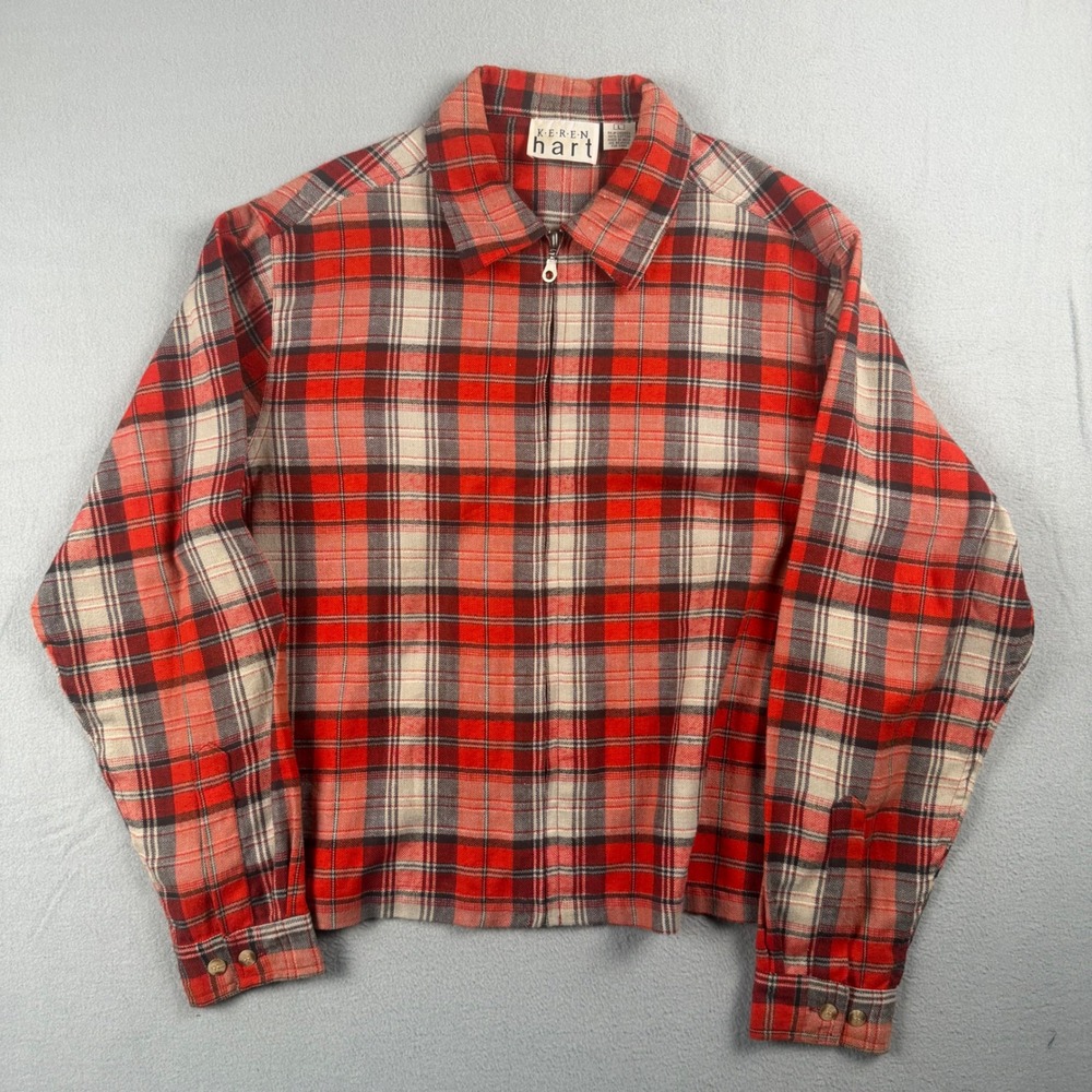 Keren Hart Red Plaid Zip Up Shirt Jacket Cotton Long Sleeve Mens Large